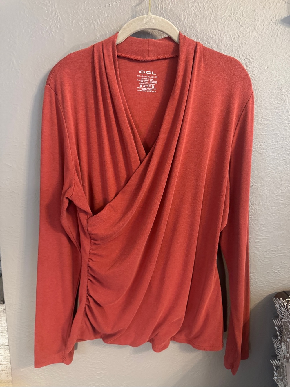 OGL XL Rust Wrap Top Side Ruched Long Sleeve Drape Neck Stretch Knit